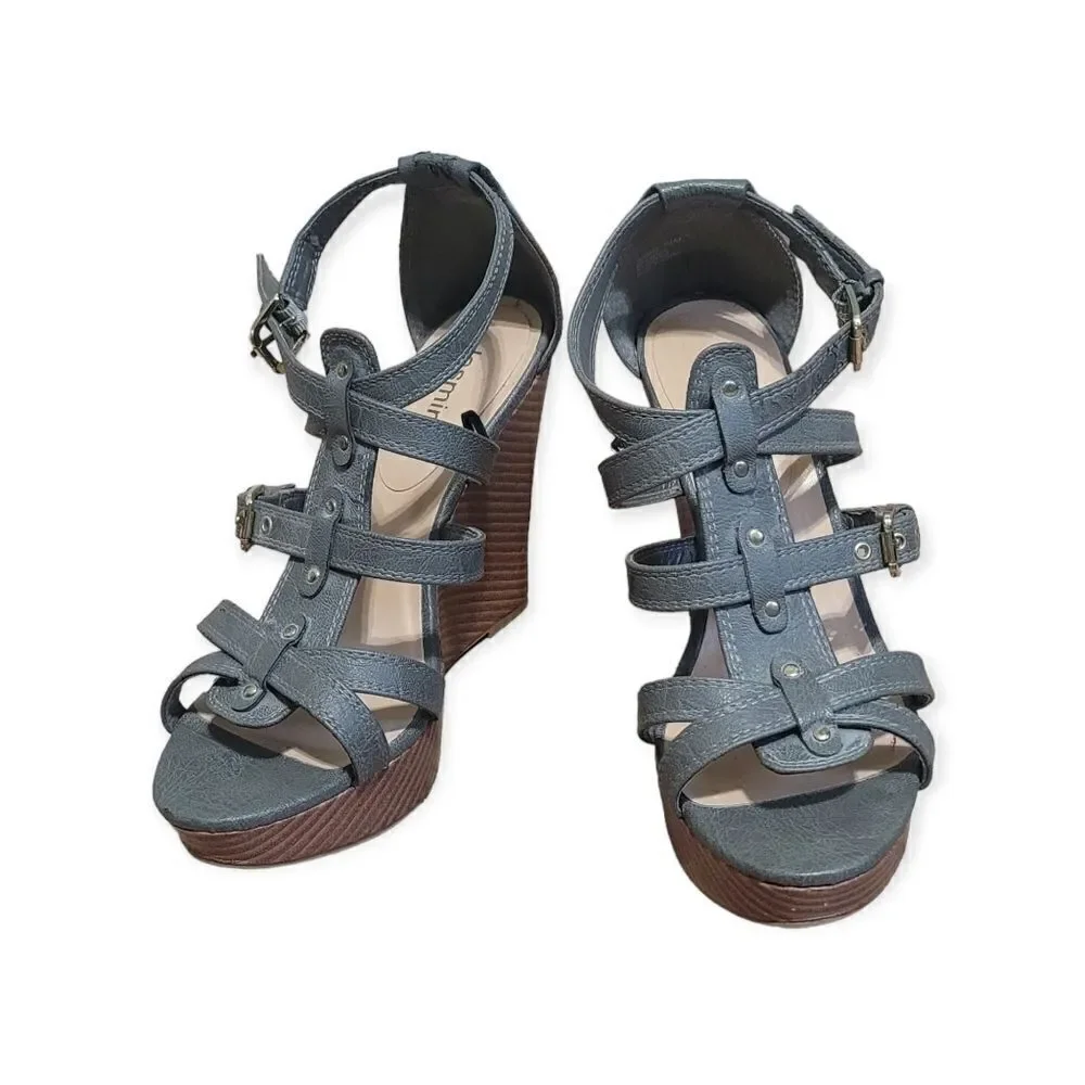 Grey Strappy Studded Wedge